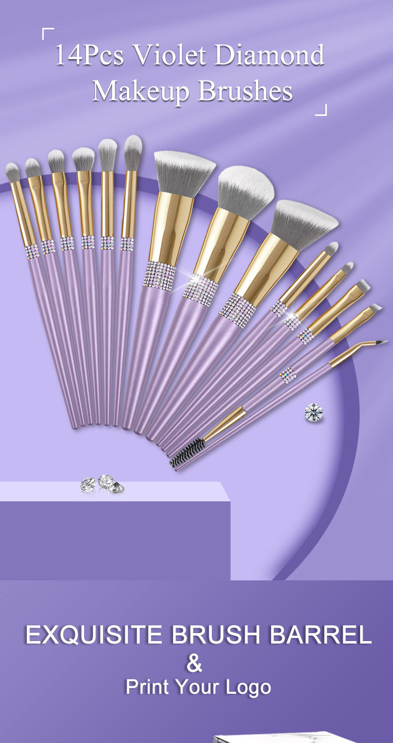 Set of 14 makeup brushes with gold and silver accents on a purple background