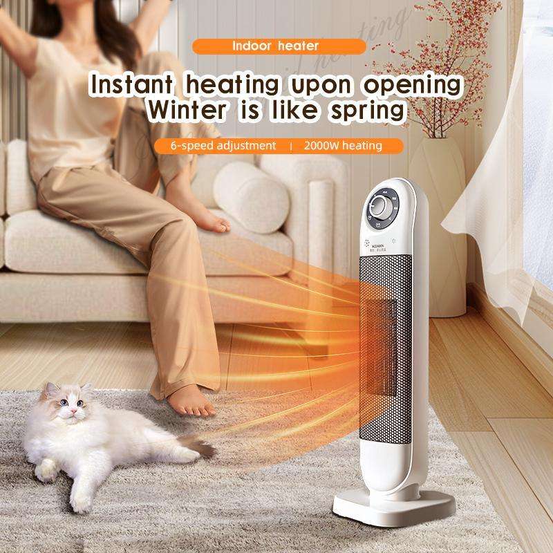 White tower indoor heater with 6-speed dial and front heat grille