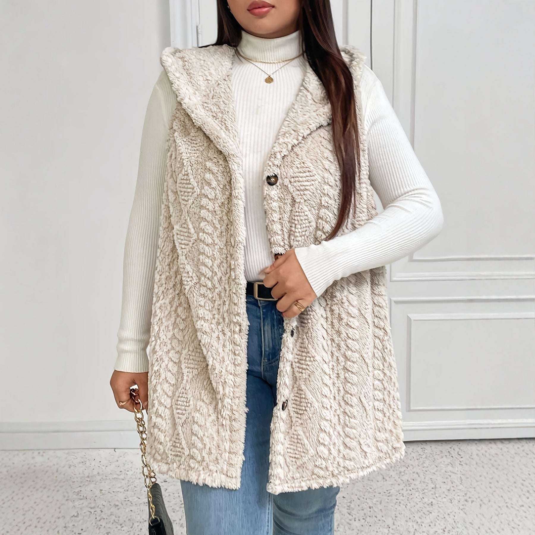 Person wearing a beige knitted vest over a white sweater with a neutral background