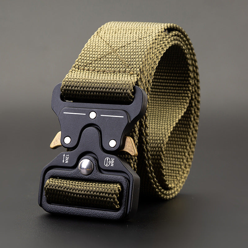 Men's Outdoor Nylon Elastic Buckle Belt Work Clothes Belt in plain-Army Green with durable buckle design.
