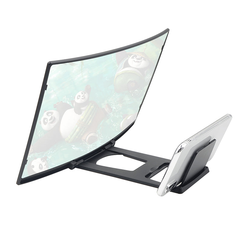 Phone screen amplifier stand with black curved panel and device-holding base