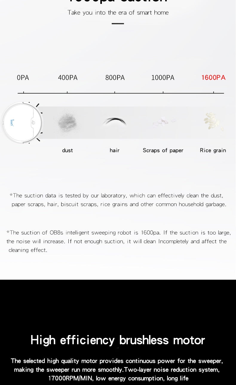 Suction power measurement chart for a smart home device with labels for dust, hair, scraps of paper, and rice grain.