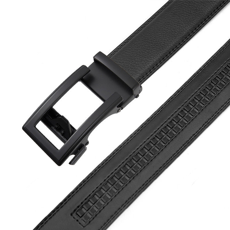 Men's Leather Belt Automatic Buckle Two-layer Cowhide Hollow with a sleek black design and durable buckle.