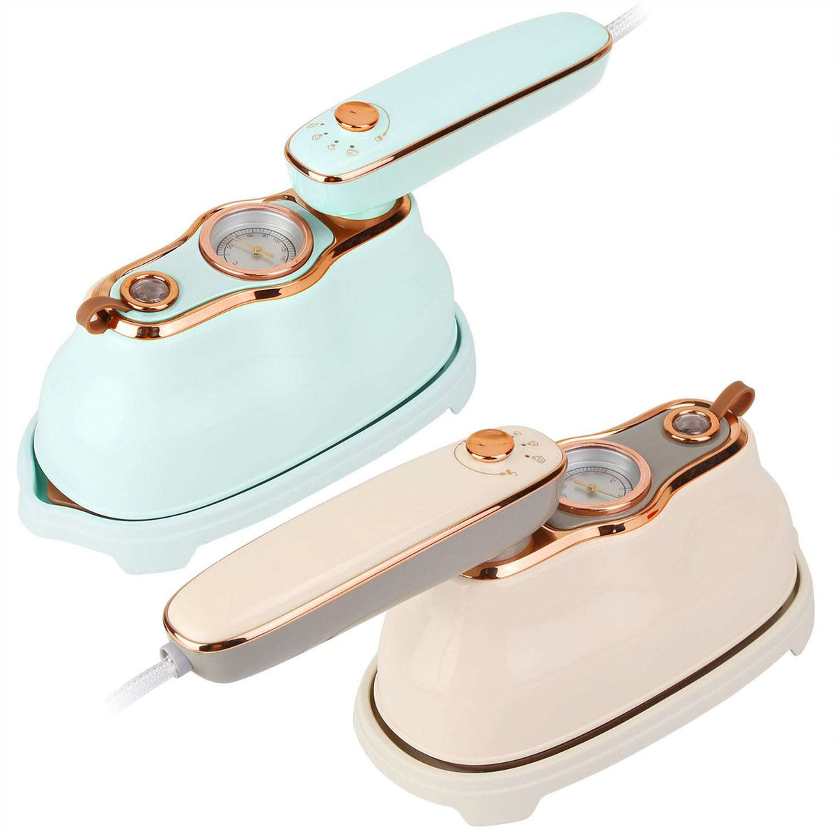 Handheld clothes steamer iron with light blue body and bronze control dials