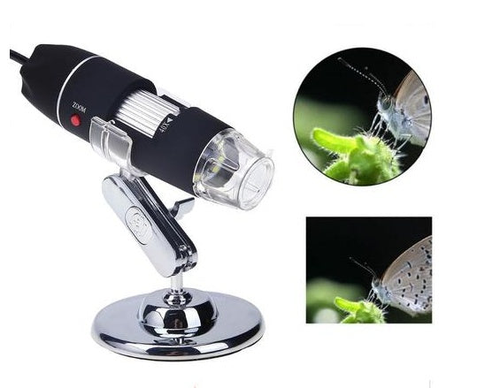 Digital microscope on a stand with close-up images of plants and a butterfly.