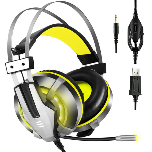 Illuminated gaming headset with black ear cushions and yellow accent lighting.