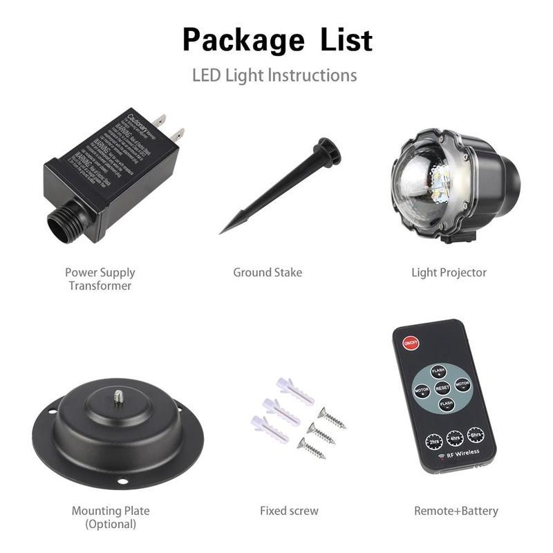 Package list of LED light components including power supply, ground stake, light projector, mounting plate, screws, and remote control on a white background.