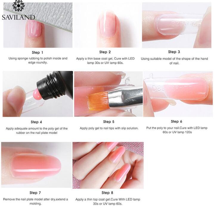 Colored nail poly gel application steps with squeeze tube and gel being applied