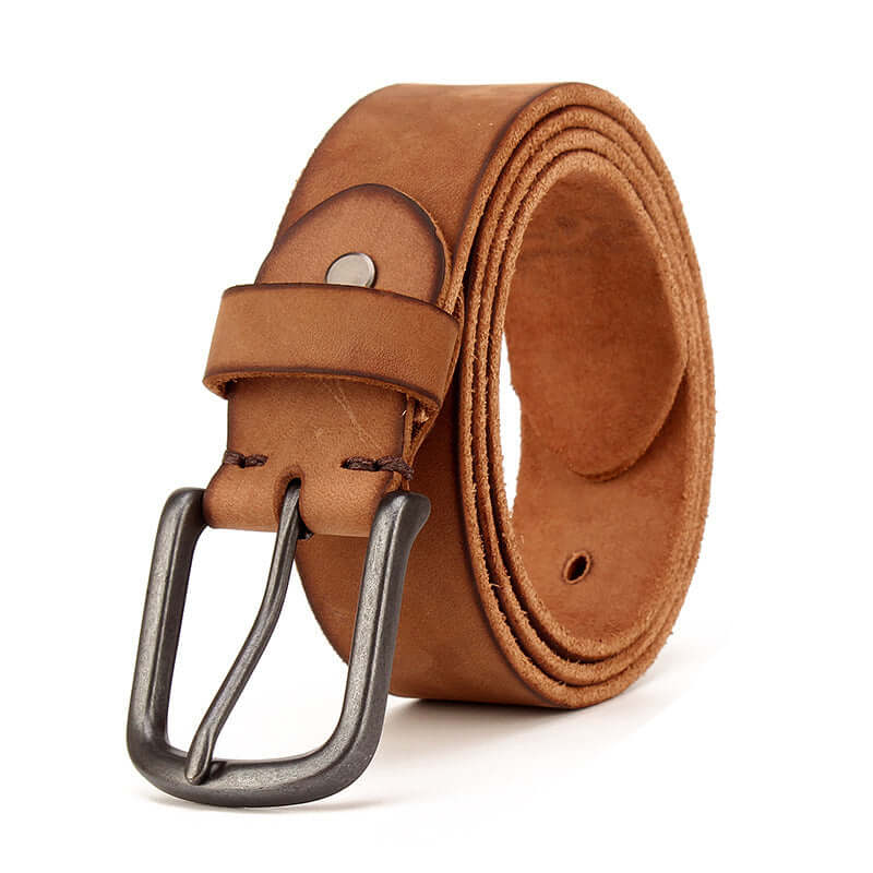 Men's leather pin buckle belt in a smooth brown finish with a classic buckle for adjustable fit.