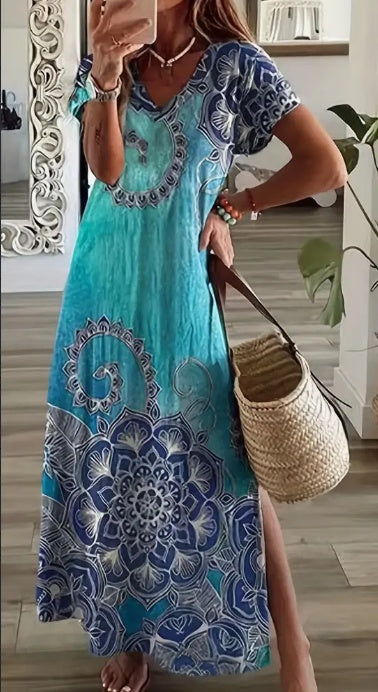 Floral Print Side Split Dress, Casual V Neck Short Sleeve Dress, Women's Clothing