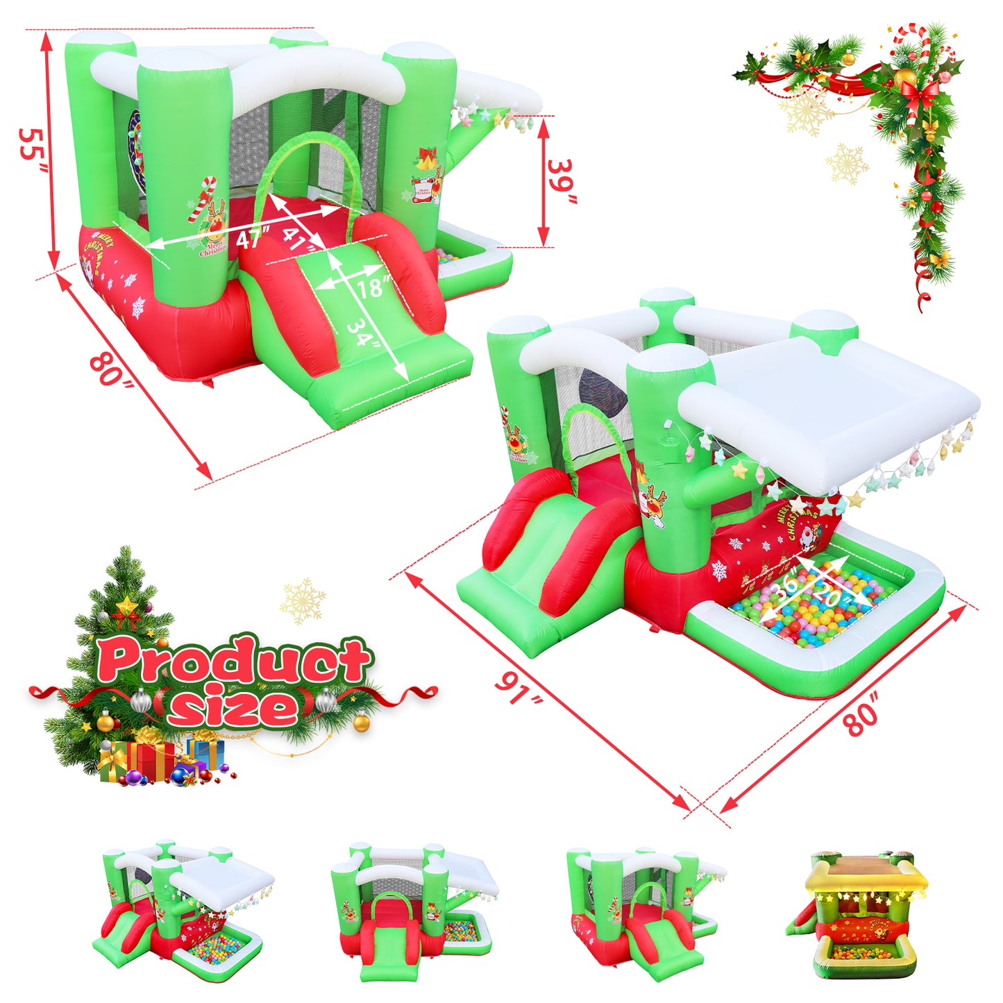 Christmas Jump 'n Slide Inflatable Bouncer for Kids Complete Setup with Blower - 80" x 91" Play Area - 55" Tall - Ectron Online