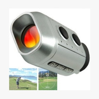 Golf rangefinder with images of a golfer and golf course on a white background