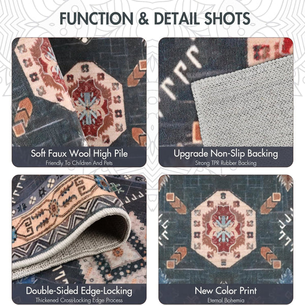 Boho rug close-up: soft high-pile face and tan non-slip rubber backing