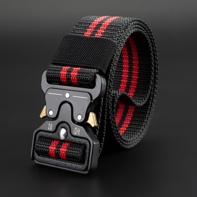 Men's Outdoor Nylon Elastic Buckle Belt Work Clothes Belt featuring red striped design and secure fastening mechanism.