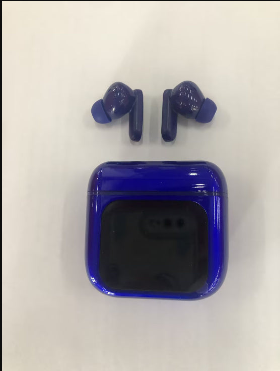 Blue wireless earbuds with charging case on a white background