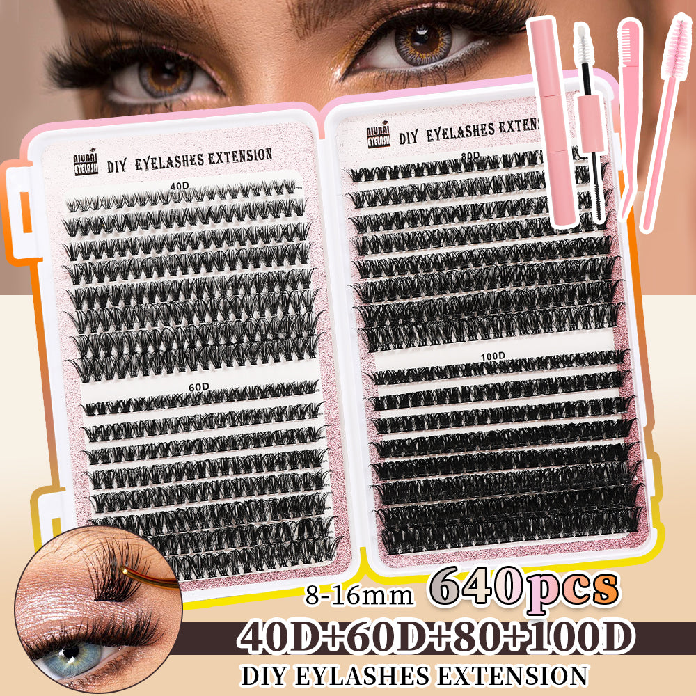 Eyelash extension kit with a close-up of an eye wearing false eyelashes.