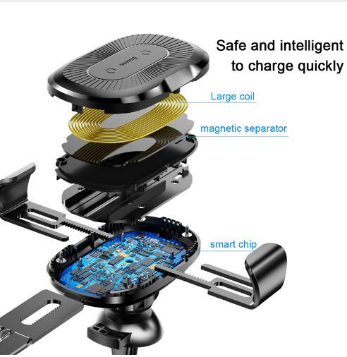 Detailed view of a wireless charging device with labeled components on a white background.