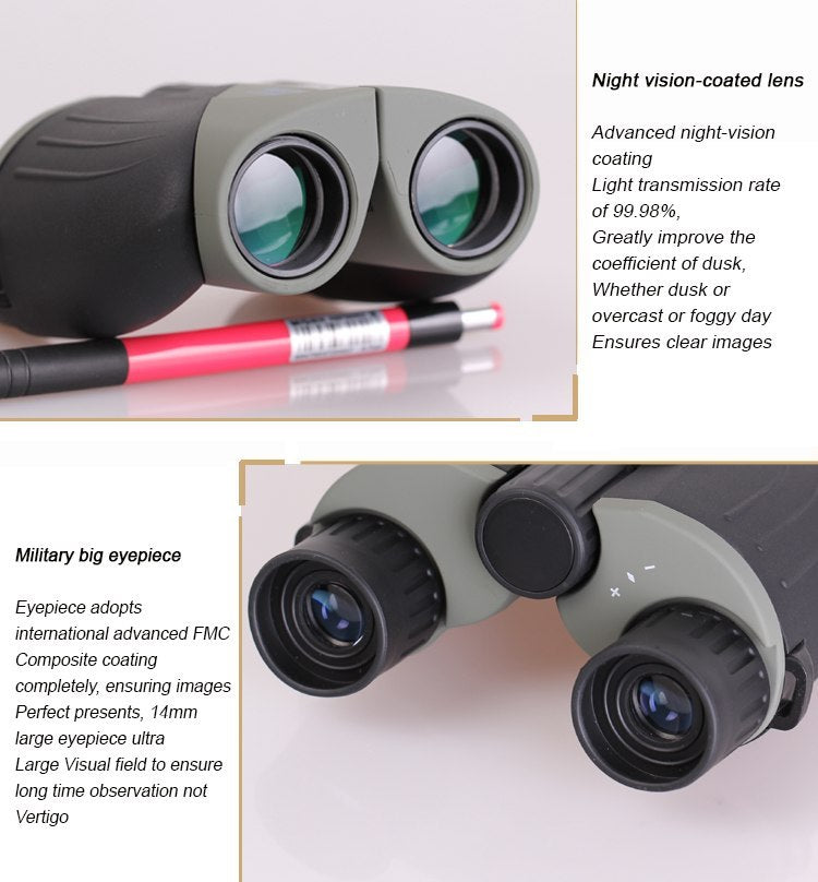 Binoculars with night vision-coated lenses and military-grade eyepiece on a reflective surface.