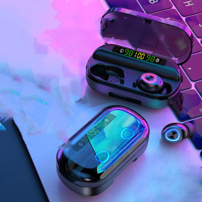 Wireless earbuds with digital display in a charging case on a colorful background