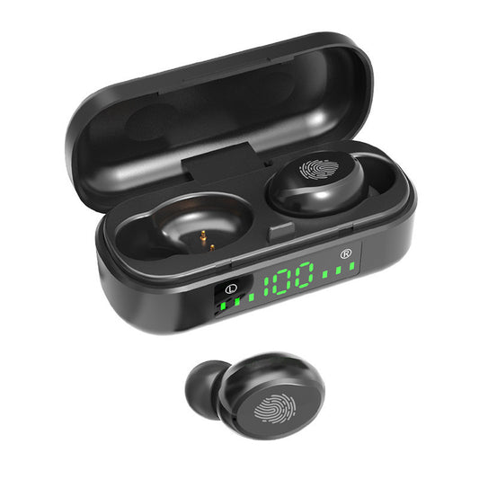 Black wireless earbuds with charging case on a white background