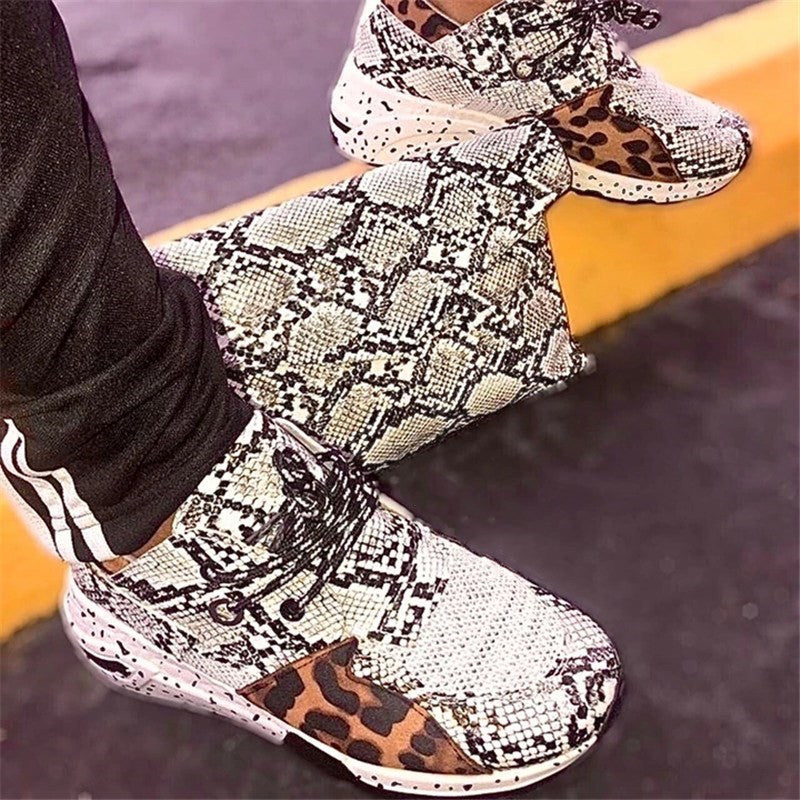 Large Size Sports Casual Shoes Snakeskin Leopard Print Round Toe Sneakers
