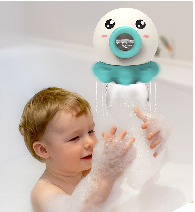 Child playing with a duck-shaped bath toy in a bathtub filled with bubbles