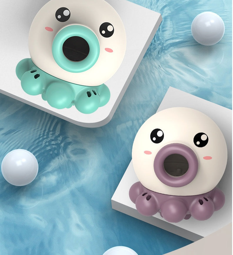 Two cartoonish octopus toys with colorful mouths on a blue textured background.
