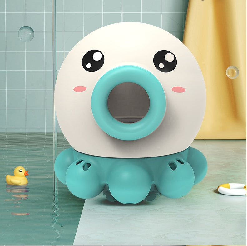 Toy with a face on a bathroom floor next to a bathtub