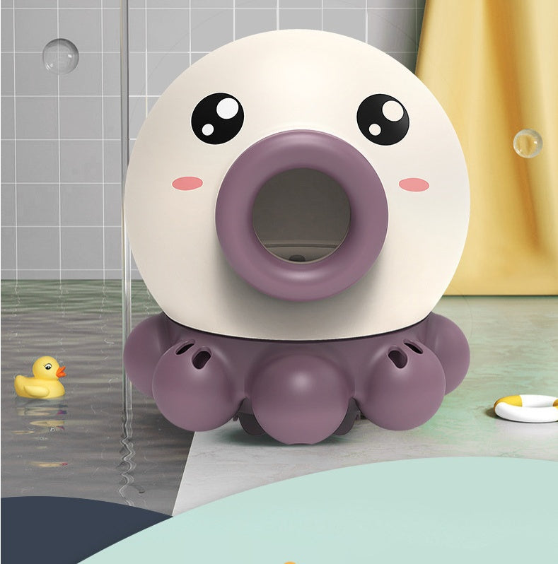 Purple octopus-shaped bath toy with a face in a bathroom setting