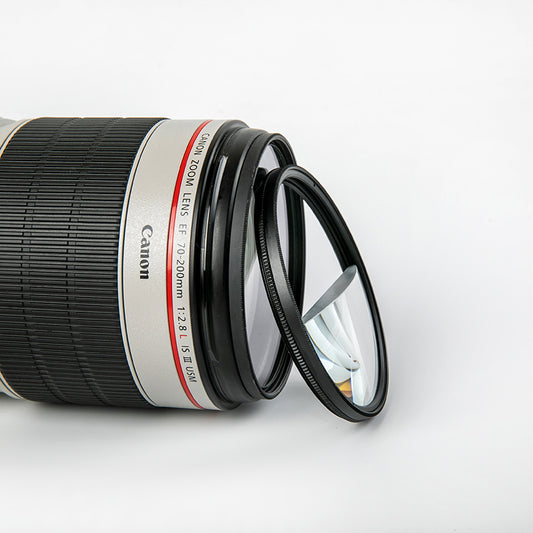 Canon camera lens with a filter on a white background