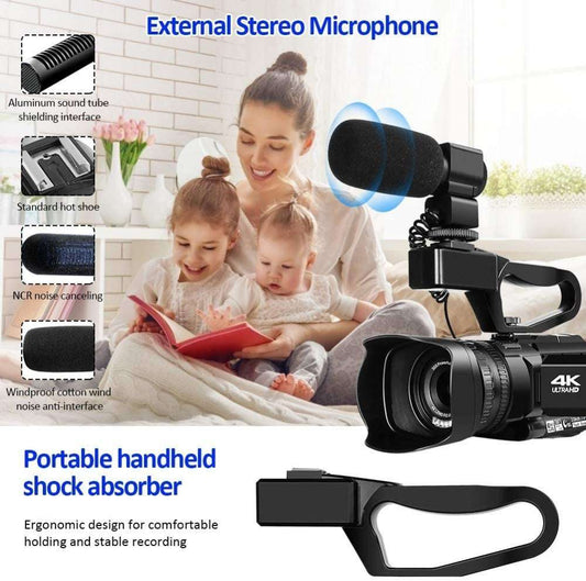 Camera with external stereo microphone and portable handheld shock absorber, featuring a woman and children reading.