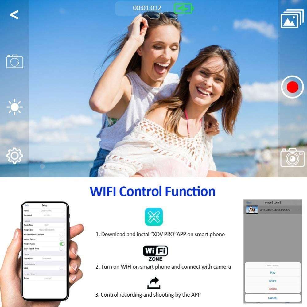Two women on a beach with a smartphone displaying a camera app interface.