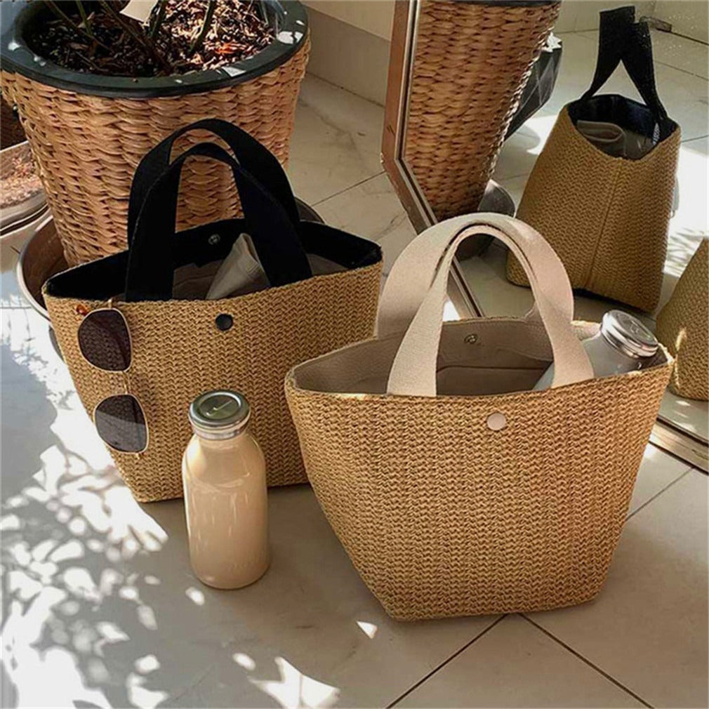 Free Size Sweet Temperament Design Straw Weave Fashion Simple Portable Bucket Bag