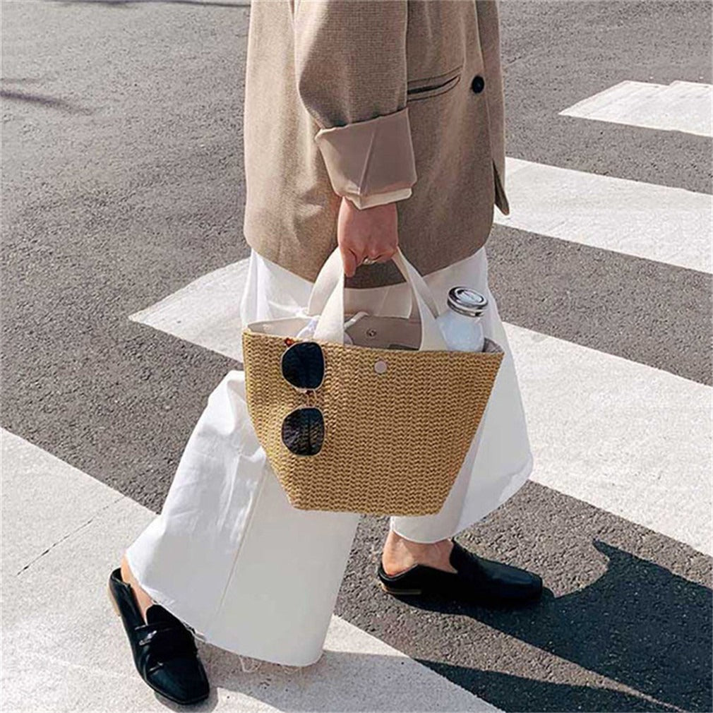 Free Size Sweet Temperament Design Straw Weave Fashion Simple Portable Bucket Bag