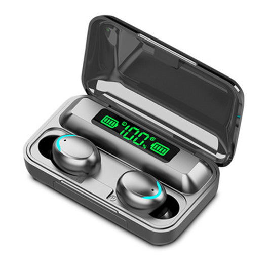 Wireless earbuds in a charging case with a digital display on a white background