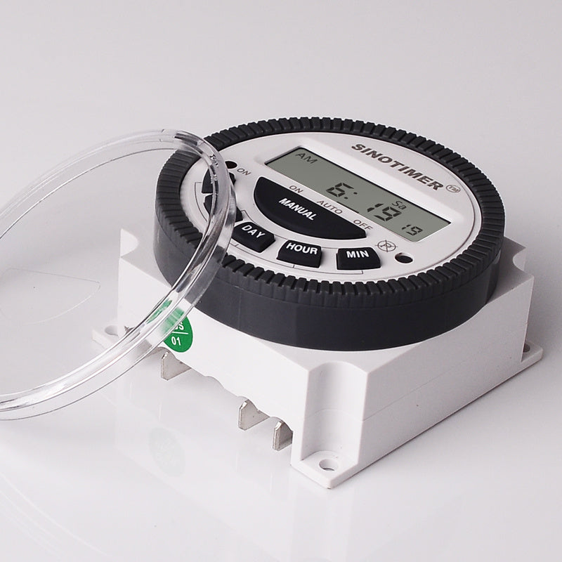 Digital timer with clear cover on a white background