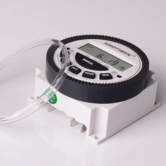 Digital timer with clear cover on a white background