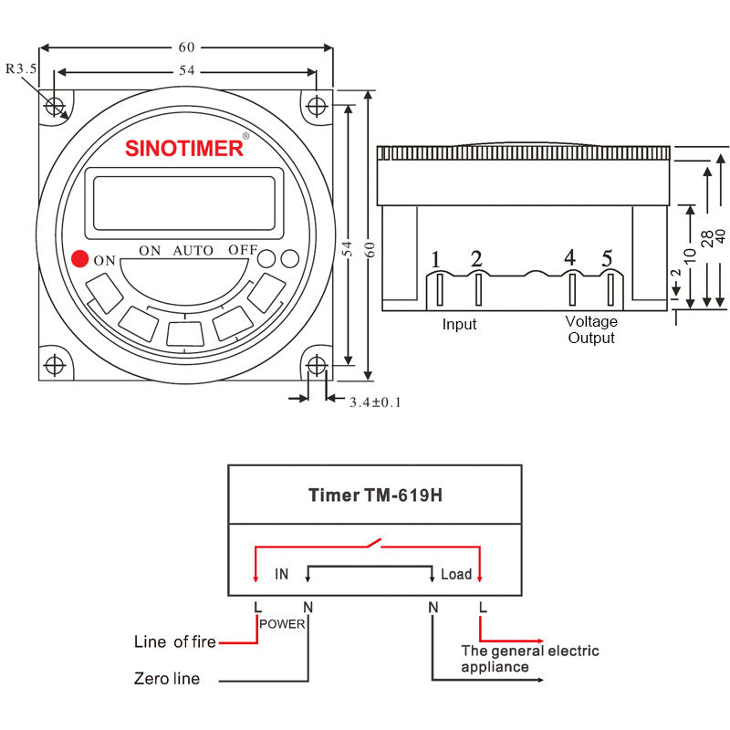 Technical drawing of a Sinotimer timer with dimensions and wiring diagram on a white background