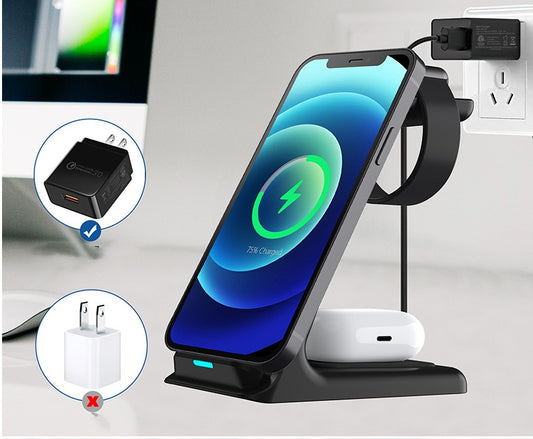 Vertical Three-in-one Wireless Charger 15W Fast Charge Dual-coil Desktop Stand Wireless Charger - Ectron Online