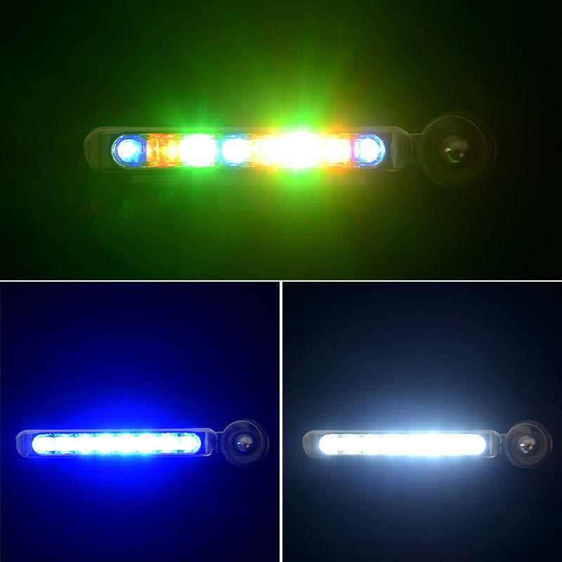 LED light bar displaying red, yellow, green, blue, and white lights on a dark background.