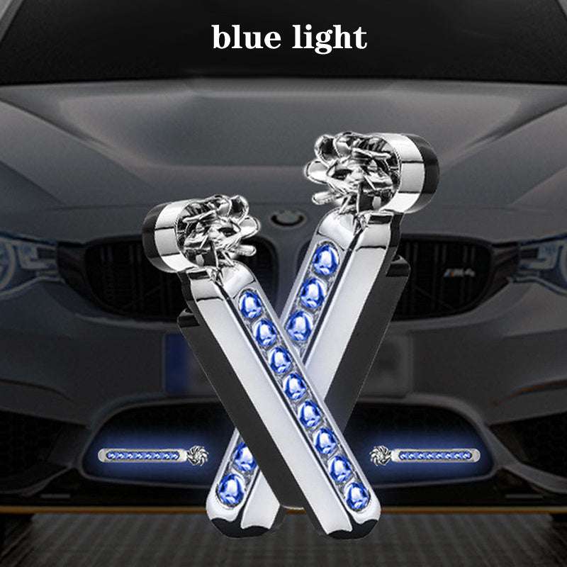 Blue LED DRL light bars with chrome V-shaped frame and bright clear lens LEDs