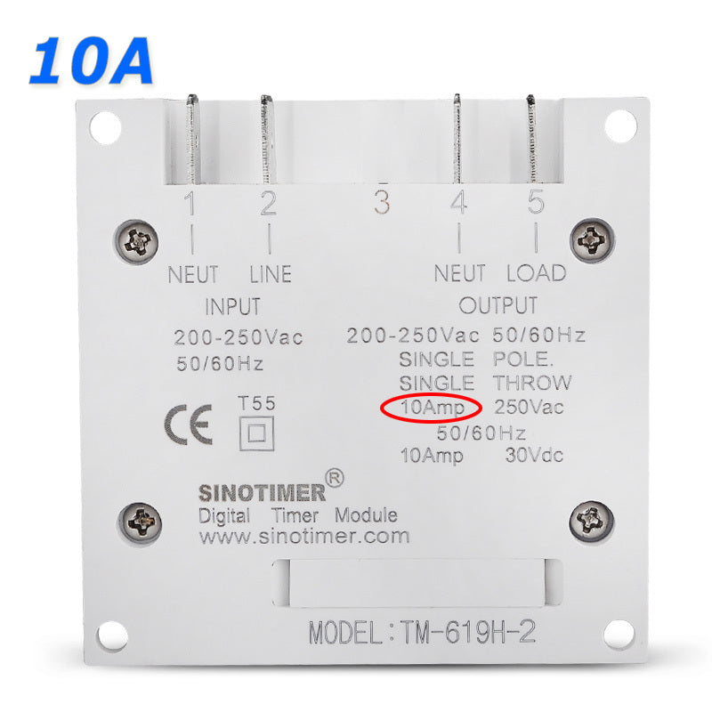 Sinotimer digital timer module with specifications on a white background