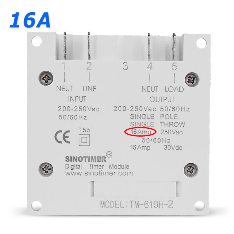 Sinotimer digital timer module with specifications on a white background