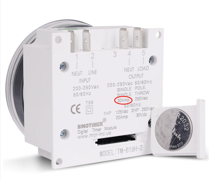Sinotimer digital timer module with label and battery on a white background