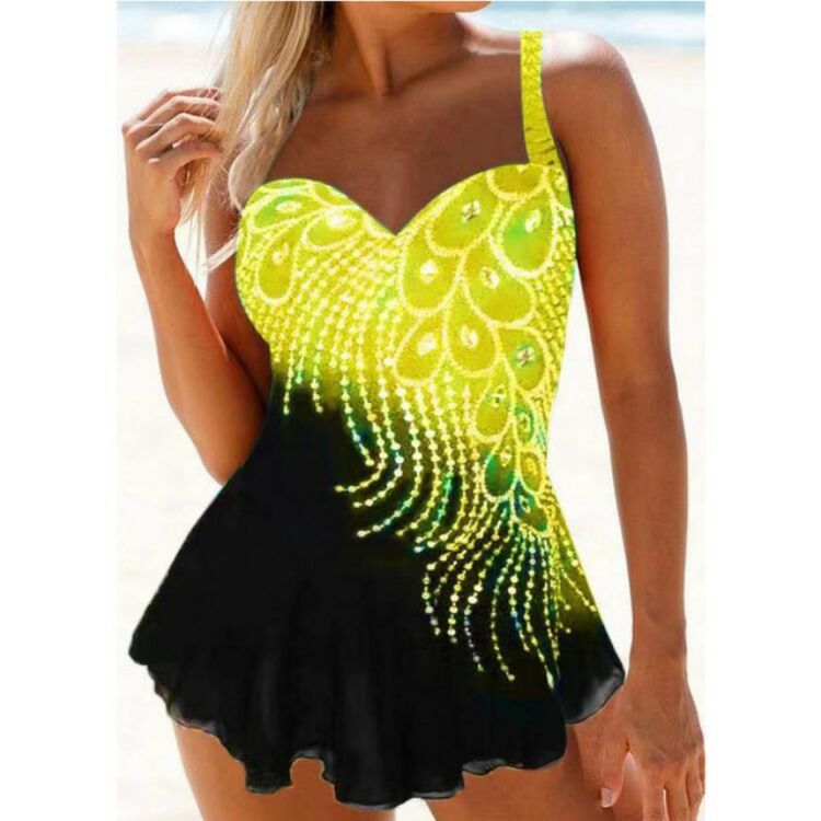 New Bikini, Tube Top, Diamond And Feather Contrast Color Split Large Size Swimsuit Women
