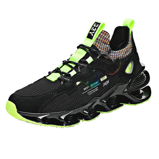 Lightweight black sneakers with neon green laces, chunky sole and lime accents