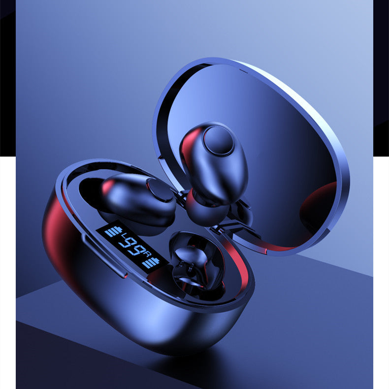 Black earbuds with open charging case, charging contacts and LED screen visible
