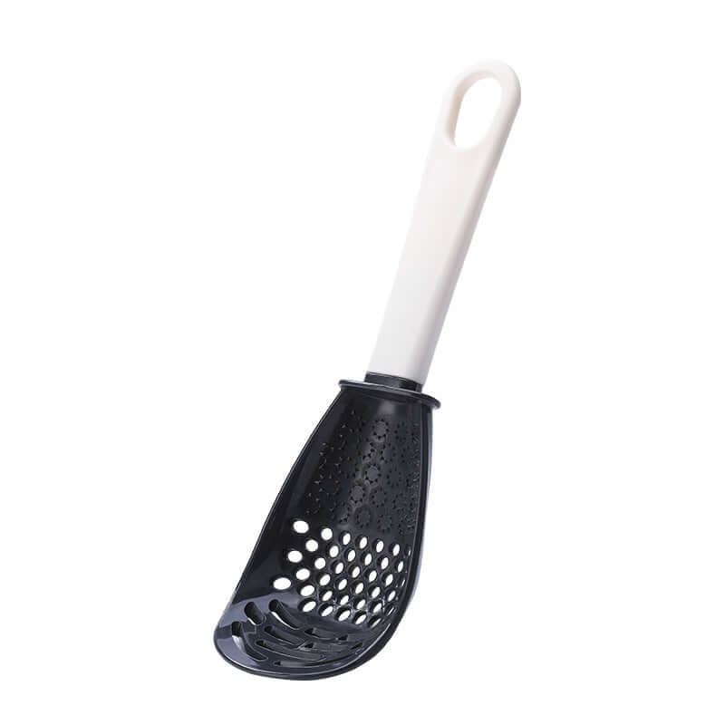 Perforated black cooking spoon with white handle