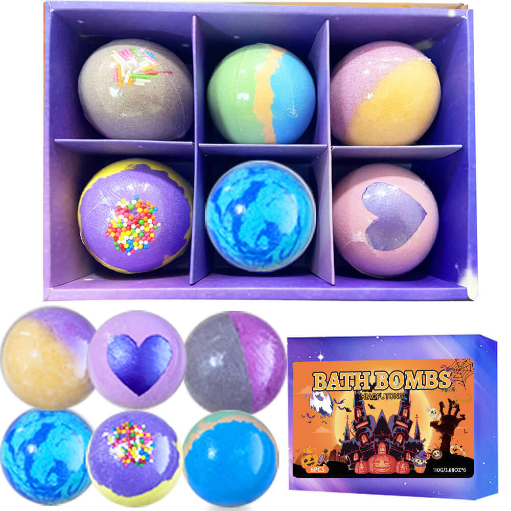 Bath bombs gift box interior with colorful spherical bombs in purple tray