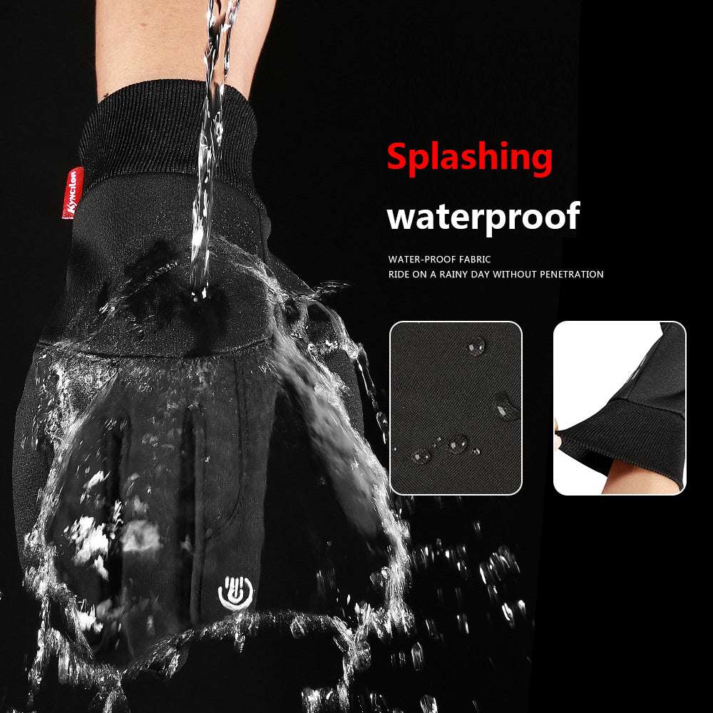 Black glove with water splashing through it, highlighting waterproof feature.